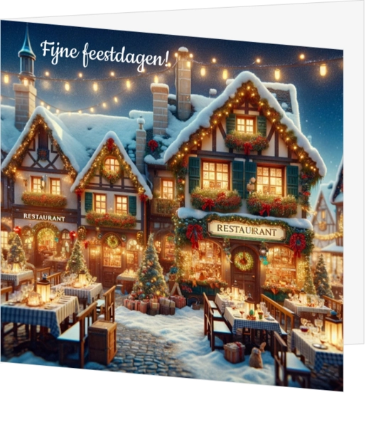 kerstkaart met gezellige plein met restaurantjes in kerstsfeer 