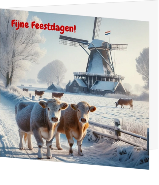 Hollands winterlandschap met molen en koeien