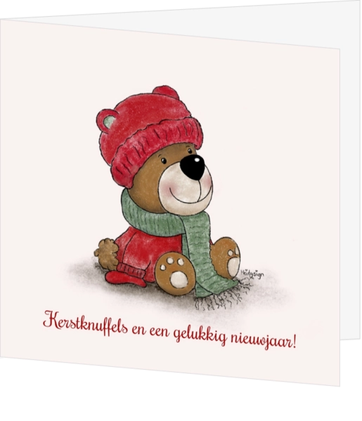 Kerstkaart met schattig teddybeertje en kerstknuffels