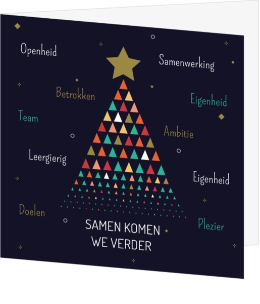 Kerstkaart kerstboom van driehoekjes patroon met kernwaarden