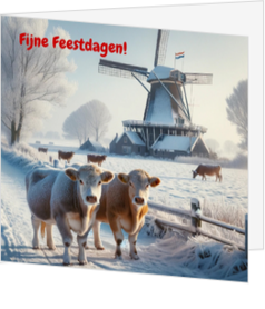 Hollands winterlandschap met molen en koeien