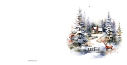 Kerstkaart aquarel van winterlandschap met rendier